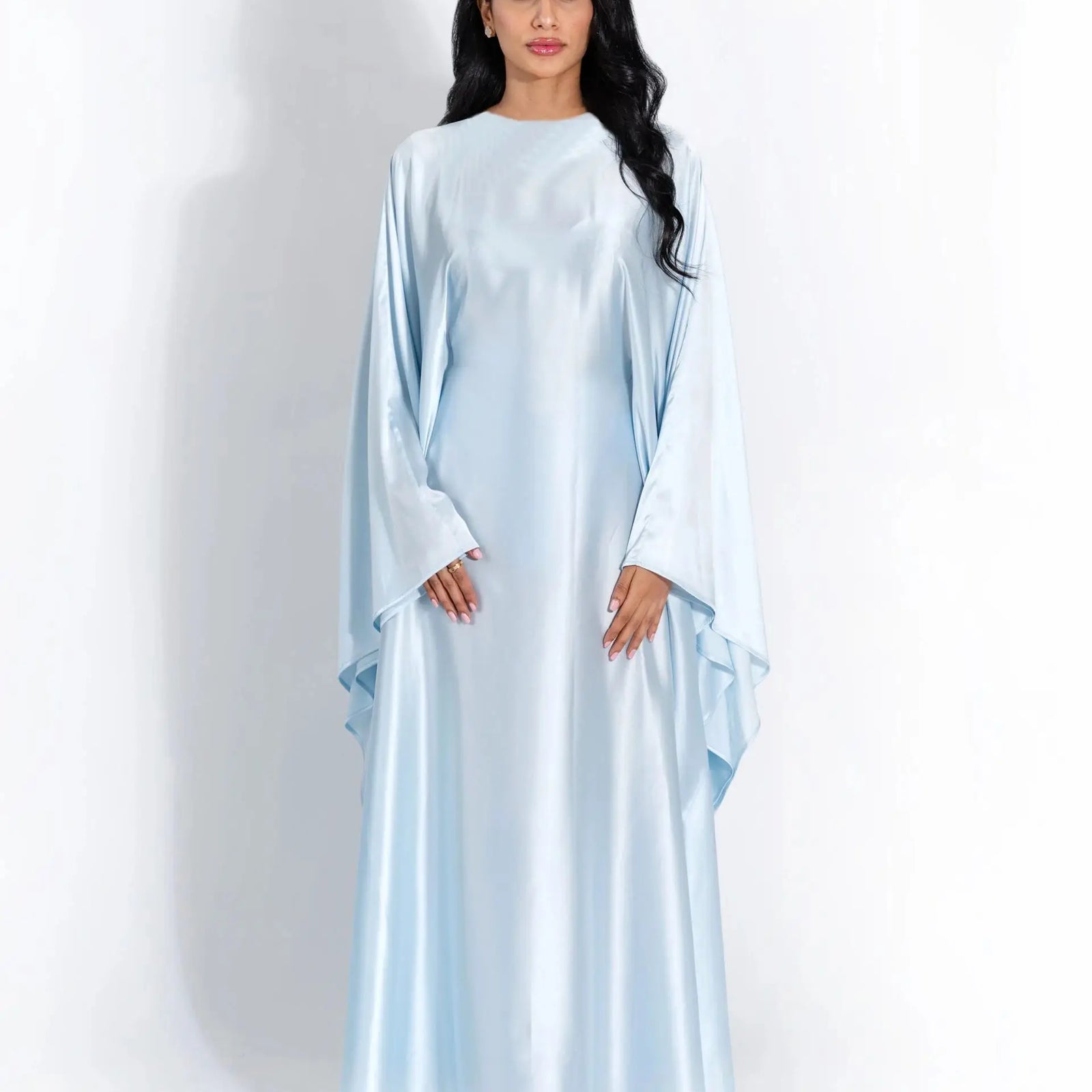 Fashion Satin Long Sleeved Large Opening Long Dress Women Slim Round Neck Robe Dress Female Elegant Party Evening Dress