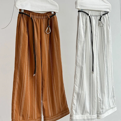 Load image into Gallery viewer, High Waist Brown Striped Linen Belted Long Wide Leg Pants New Trousers Women Fashion Tide Spring Autumn 2025 1DJ1558
