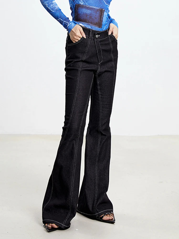 Solid Slimming Casual Denim Pants For Women High Waist Spliced Button Minimalist Temperament Flare Jeans Female