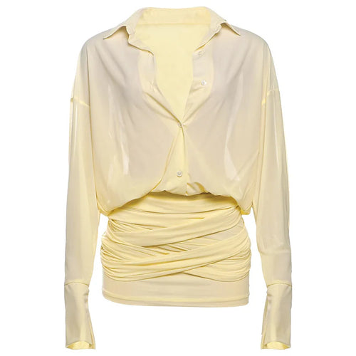 Load image into Gallery viewer, Sexy Long Sleeve Turn-down Colla Bag Hip Strap Shirt Dress For Women See Through Patchwork High Waist Dress Streetwear
