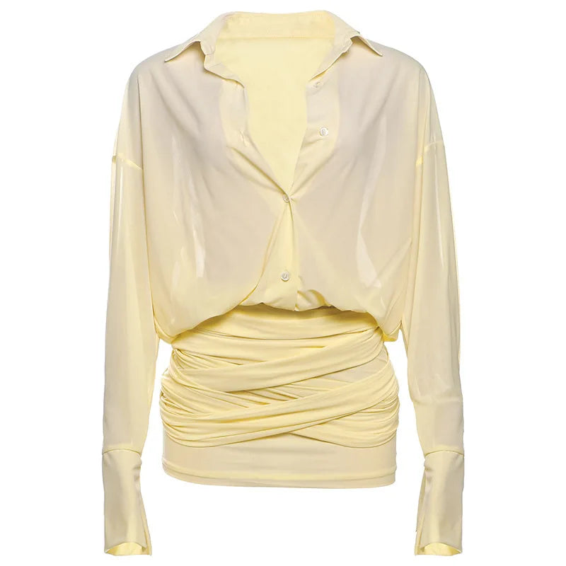 Sexy Long Sleeve Turn-down Colla Bag Hip Strap Shirt Dress For Women See Through Patchwork High Waist Dress Streetwear