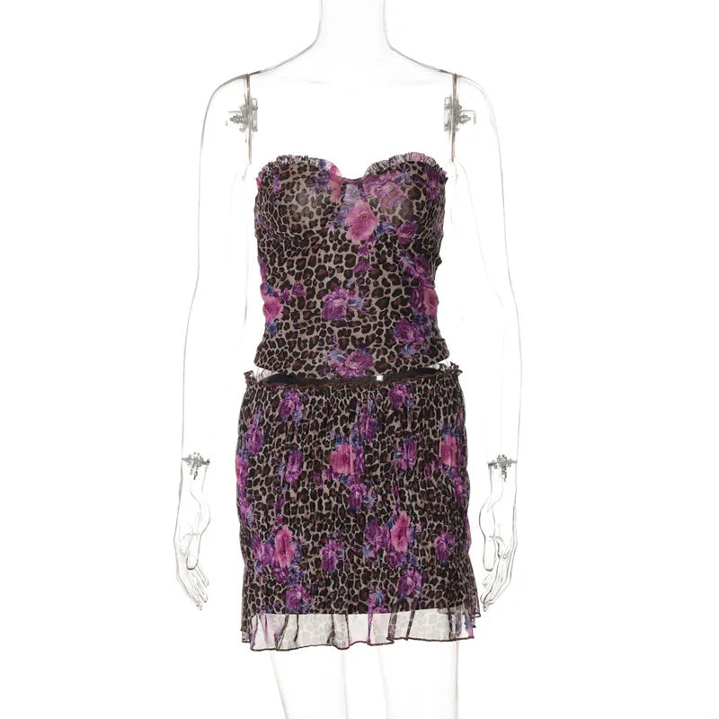 Leopard Print Sexy Skirt Two Piece Sets Women Off-shoulder Crop Tops And Mini Skirt Female Summer Beach 2 Piece Set