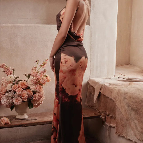 Load image into Gallery viewer, Satin Floral Print Sexy Maxi Dress Women Gown Elegant Spaghetti Strap Sleeveless Backless Bodycon Evening Club Dress
