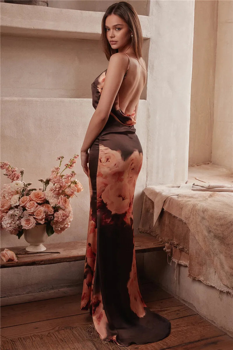 Satin Floral Print Sexy Maxi Dress Women Gown Elegant Spaghetti Strap Sleeveless Backless Bodycon Evening Club Dress