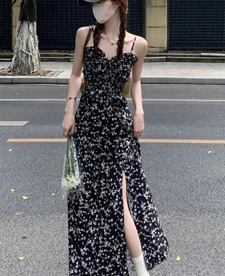 Black Spaghetti Strap Sexy Floral Dress Sleeveless Slim Slight Stretch Party Club Women’s Dresses Elegant Fashion Dress