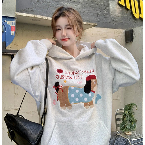 Load image into Gallery viewer, Autumn Winter New Grey Letter Puppy Embroidery Velvet Sweatshirt Thick Korean Women Loose Long Sleeved Vacation Hoodie Tops Chic
