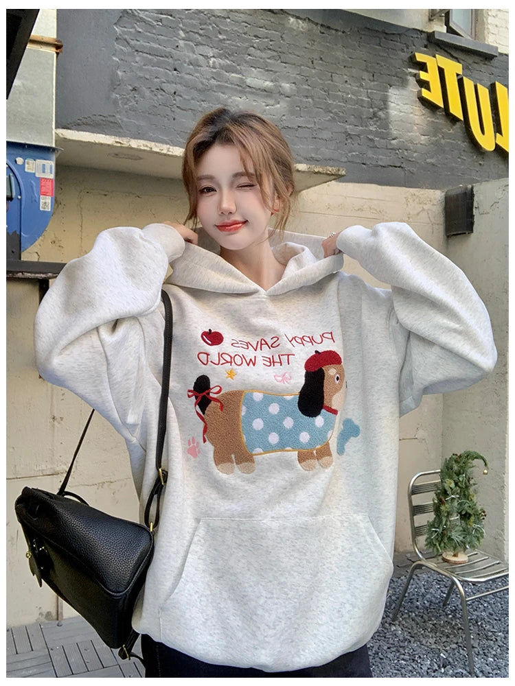 Autumn Winter New Grey Letter Puppy Embroidery Velvet Sweatshirt Thick Korean Women Loose Long Sleeved Vacation Hoodie Tops Chic