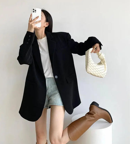 Women Black Long Sleeve Temperament Slim Blazer Coat Fashion 2024 New Autumn Grey Office Ladies Single Button Jacket Streetwear