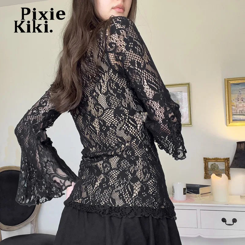 Lace Jacquard Black Shirts for Women Fall 2024 V Neck Flare Sleeve Tops Grunge Clothes Y2k 2000s P77-CG15