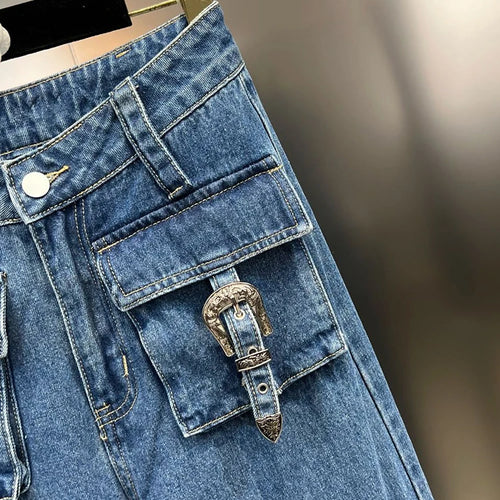 Load image into Gallery viewer, Patchwork Pocket Jeans For Women High Waist Spliced Zipper Casual Loose Wide Leg Pants Female Fashion Clothing
