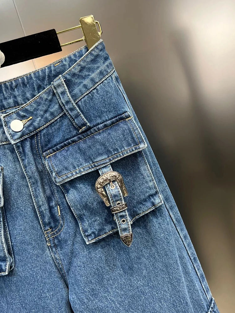 Patchwork Pocket Jeans For Women High Waist Spliced Zipper Casual Loose Wide Leg Pants Female Fashion Clothing