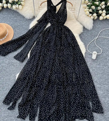 Black Dot Sexy Club V-neck Long Dress Women Slim Sleeveless Backless Irregular Vest Dresses 2024 Summer Ladies New Vestidos Chic