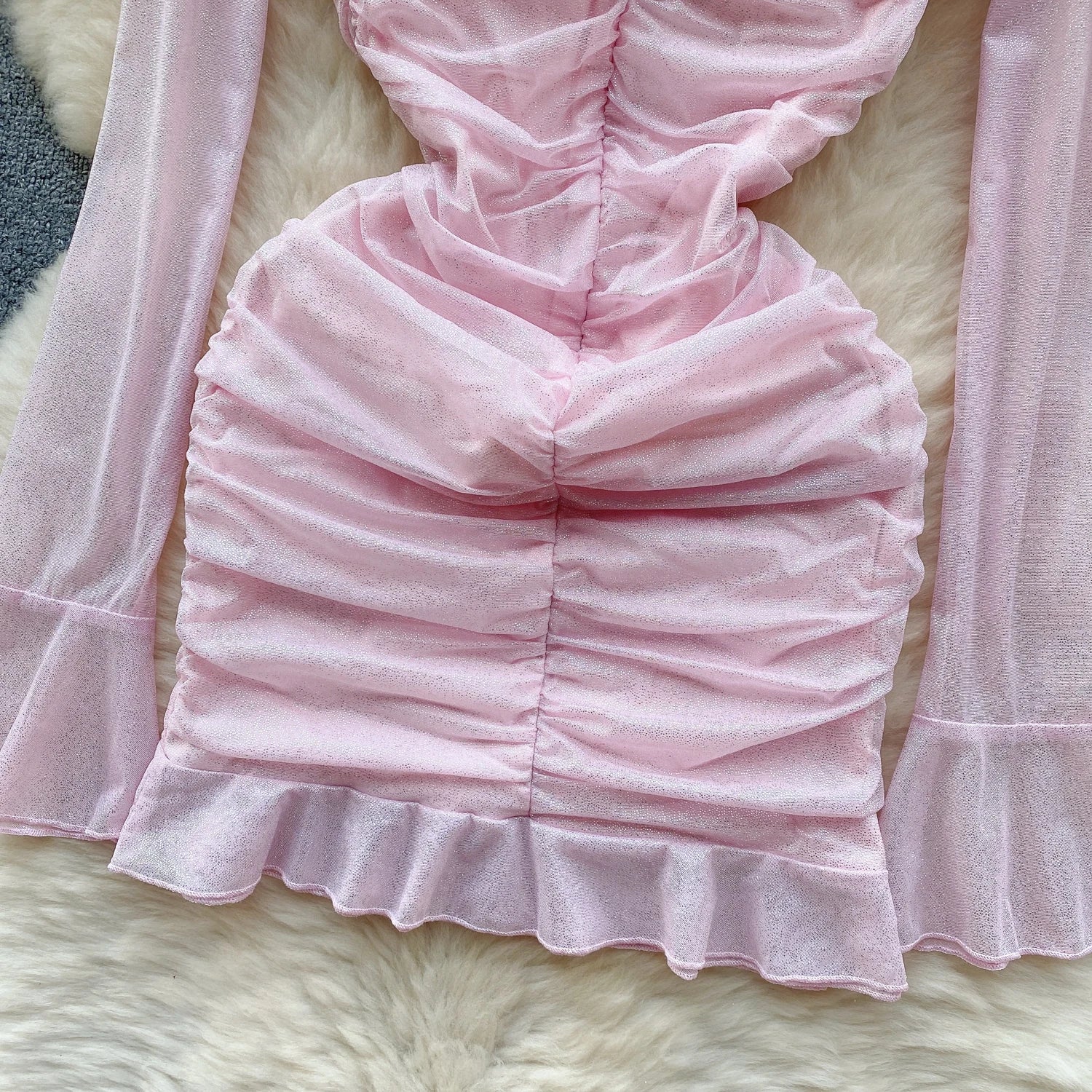 Pink Square Neck Low Cut Long Sleeve Pleated Bandage Mini Dress Women Autumn 2023 Elegant Slim Sexy Club Wrapped Hip Short Dress