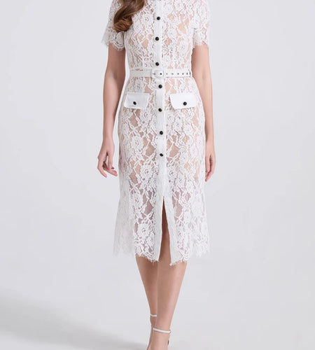 Solid Spliced Lace Slimming Dresses For Women O Neck Short Sleeve High Waist Patchwork Button Dress Female Fashion