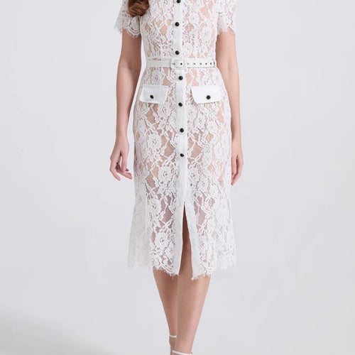 Load image into Gallery viewer, Solid Spliced Lace Slimming Dresses For Women O Neck Short Sleeve High Waist Patchwork Button Dress Female Fashion
