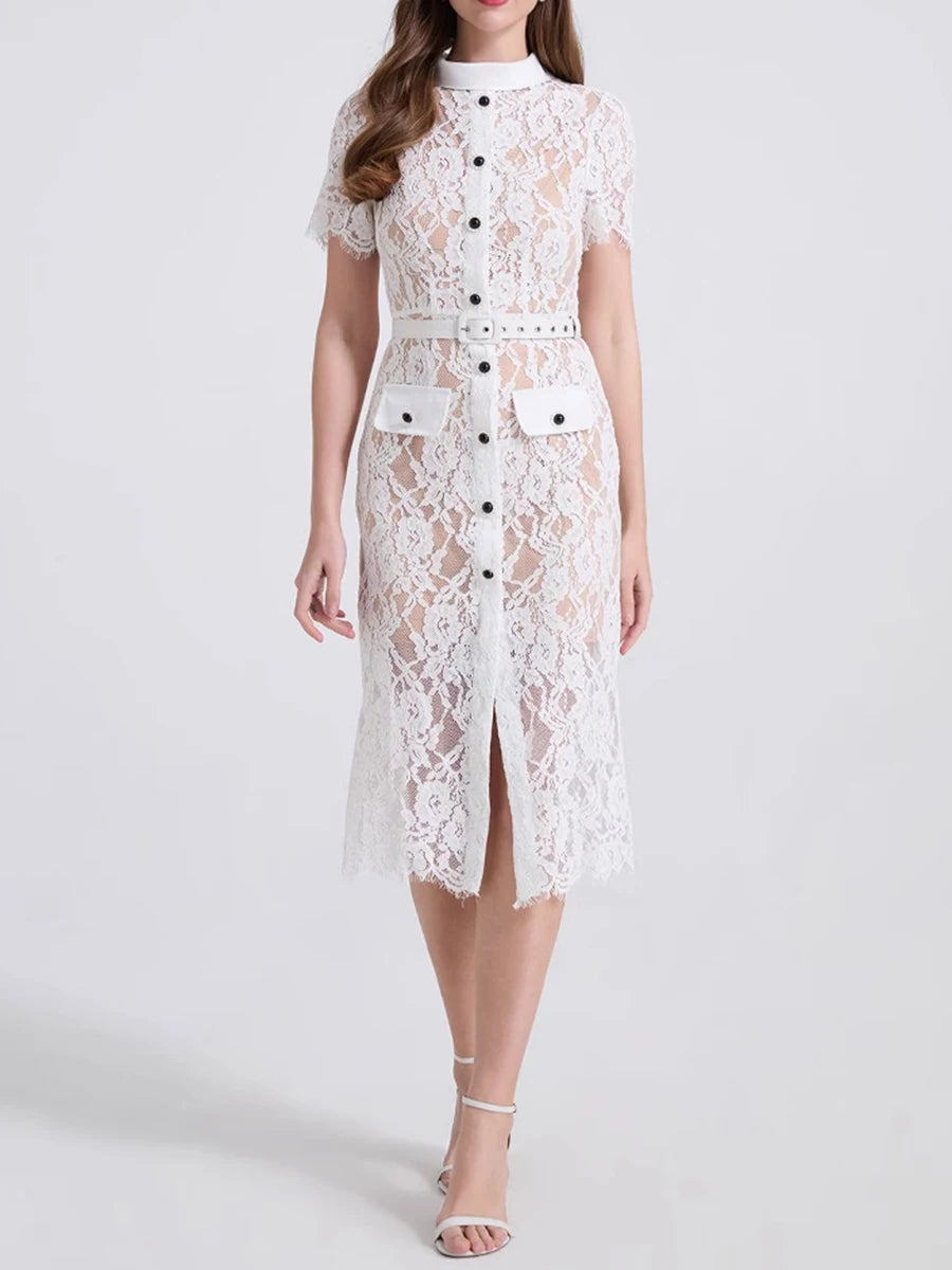 Solid Spliced Lace Slimming Dresses For Women O Neck Short Sleeve High Waist Patchwork Button Dress Female Fashion