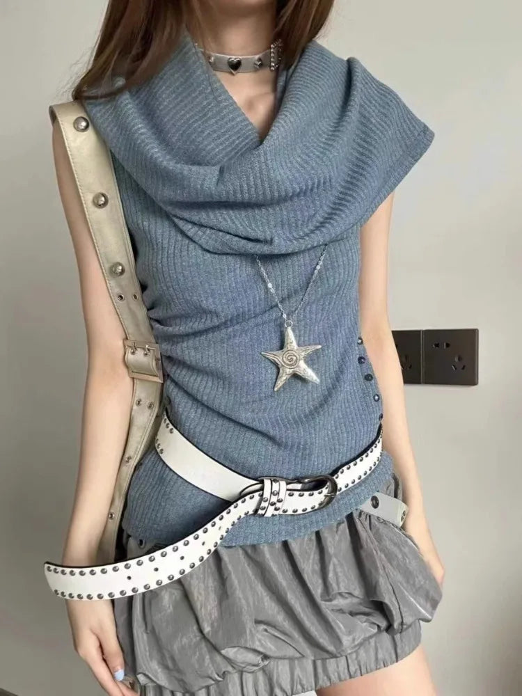 Summer Women's Clothes Slash Neck Sleeveless Tshirts Y2k Tops 2024 Ropa Mujer Fashion Knitted T Shirt Hooded Casual Camisetas