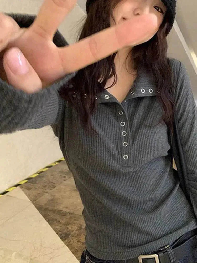 Women's Y2K Knitted Sweater Long Sleeve Slim Fit Pullover Top for Autumn Winter Versatile Bottoming Layer All Match Design