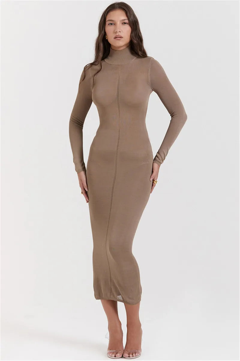 Turtleneck Backless Bodycon Midi Dress For Women New Autumn Winter Long Sleeve Club Party Sexy Long Dress Vestidos