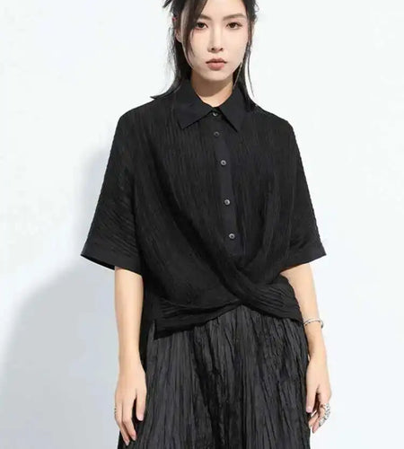Women Black Pleated Cross Big Size Short Blouse New Lapel Half Sleeve Shirt Fashion Tide Spring Autumn 2025 1DH6145