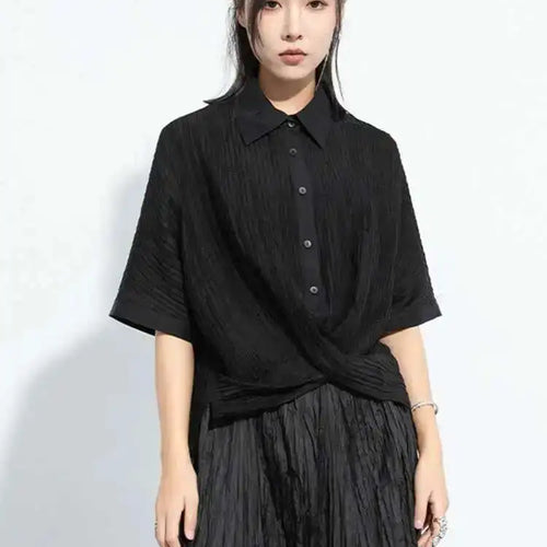 Load image into Gallery viewer, Women Black Pleated Cross Big Size Short Blouse New Lapel Half Sleeve Shirt Fashion Tide Spring Autumn 2025 1DH6145
