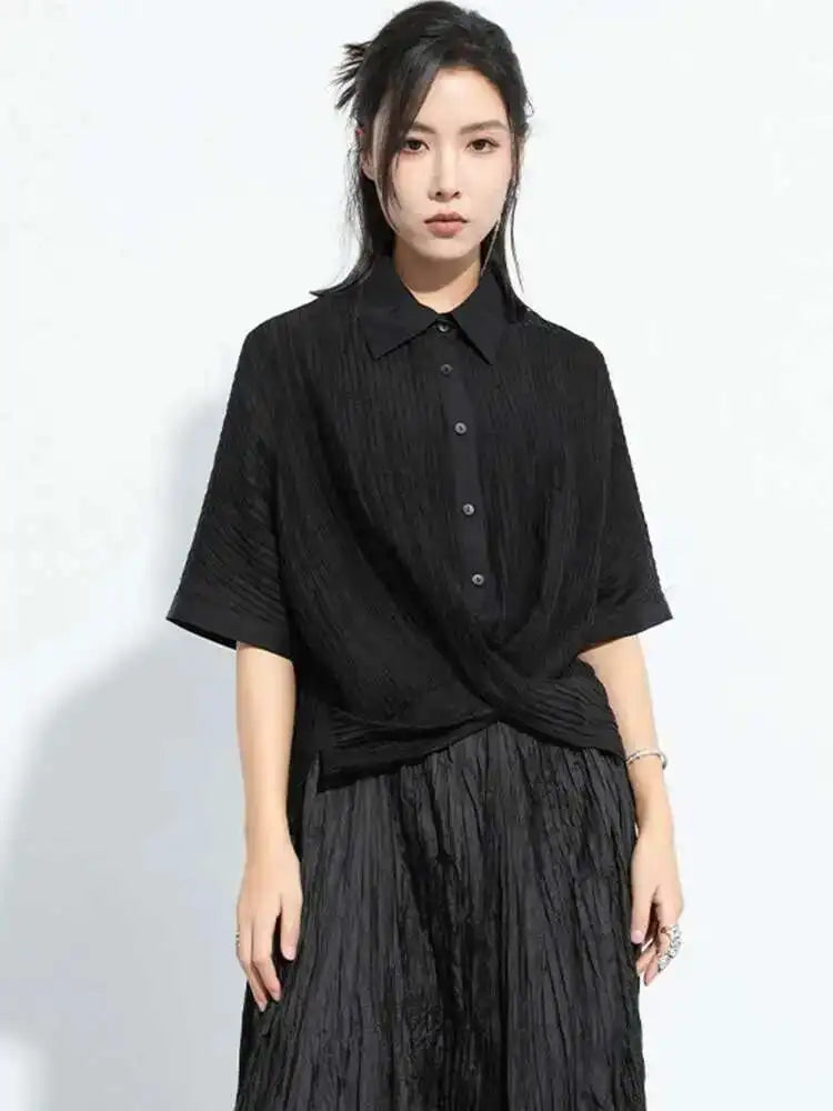 Women Black Pleated Cross Big Size Short Blouse New Lapel Half Sleeve Shirt Fashion Tide Spring Autumn 2025 1DH6145