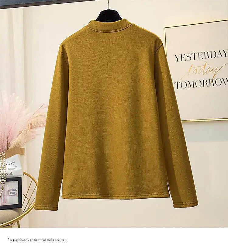 Korean Version New Black Brown Velvet Cotton Round Neck T Shirt Autumn Winter Women Yellow Slim Long Sleeve Plus Size Tops Thick