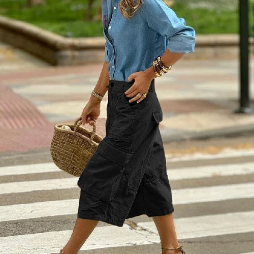 Load image into Gallery viewer, Summer Woman Wide Leg Capris Pants with Pockets New Trendy Split-joint Buttoned Loose Cropped Cargo Pants Female
