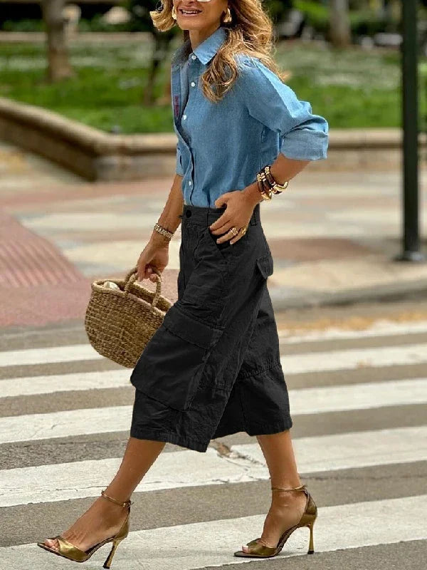 Summer Woman Wide Leg Capris Pants with Pockets New Trendy Split-joint Buttoned Loose Cropped Cargo Pants Female