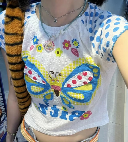 Nomikuma Y2k Tops Summer Short Sleeve Contrast Color Butterfly Print High Waist Women Clothing Harajuku Street Fashion T-shirts