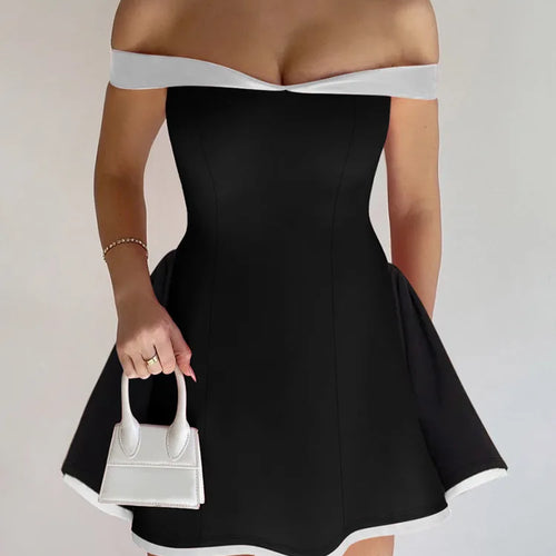 Load image into Gallery viewer, Off-shoulder Strapless Sexy Mini Dress Women Fashion Patchwork Sleeveless Backless High Waist A-line Club Party Dress
