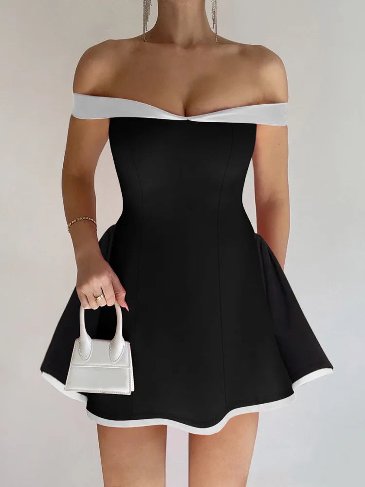 Off-shoulder Strapless Sexy Mini Dress Women Fashion Patchwork Sleeveless Backless High Waist A-line Club Party Dress