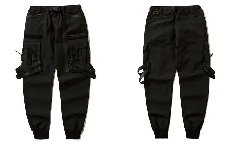 Men Cargo Harem Pants Streetwear Hip Hop Size Ribbon Multi-Pockets Baggy Joggers Autumn Harajuku Casual Loose Trousers Black