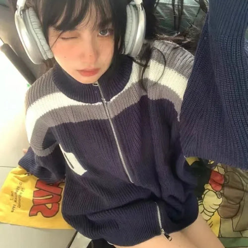 Load image into Gallery viewer, Zipper Harajuku Oversized Cardigans Women Autumn Winter All Match Ins Elegant Sweaters Loose Contrast Color Knitted Coats Y2k
