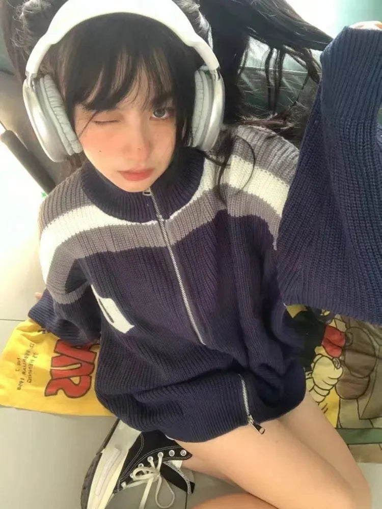 Zipper Harajuku Oversized Cardigans Women Autumn Winter All Match Ins Elegant Sweaters Loose Contrast Color Knitted Coats Y2k