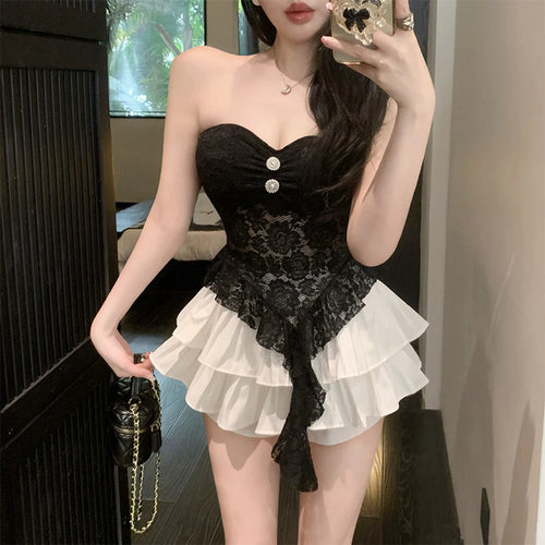 Load image into Gallery viewer, Coquette Tube Tops y2k Women Sheer See Through Off Shoulder Irregular Ruffle Hem Bandeau Vest 2000s Clothing Streetwear
