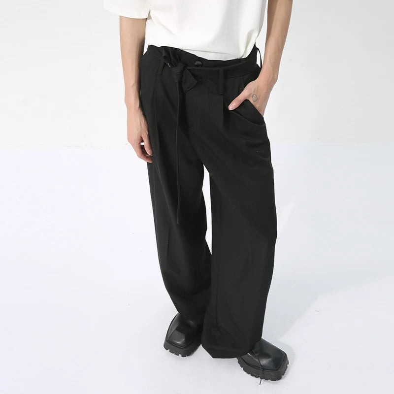 Men's Casual Trousers Japanese Style Ribbon Decoration Three-dimensional Design Loose Solid Color Male Drape Pants 9C5736