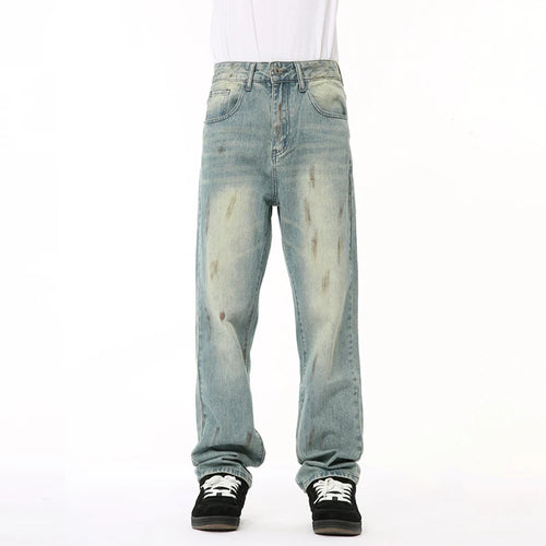 Load image into Gallery viewer, Male Denim Pants New American Worn-out Vintage Splash Ink Whiten Washed Straight Leg Jeans Summer Trendy 9C6674
