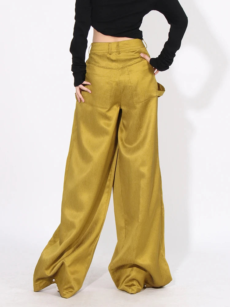 Patchwork Pockets Streetwear Floor Length Trousers For Women High Waist Solid Casual Loose Wide Leg Pants Female Fashion