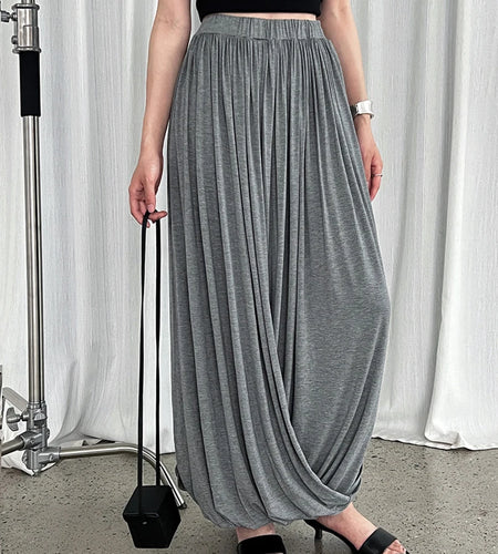 High Elastic Waist Gray Pleated Twisted Elegant Midi Half-body Skirt Women Fashion Tide New Spring Autumn 2025 1DJ1559