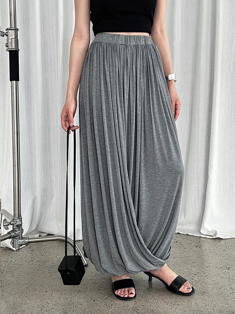 High Elastic Waist Gray Pleated Twisted Elegant Midi Half-body Skirt Women Fashion Tide New Spring Autumn 2025 1DJ1559