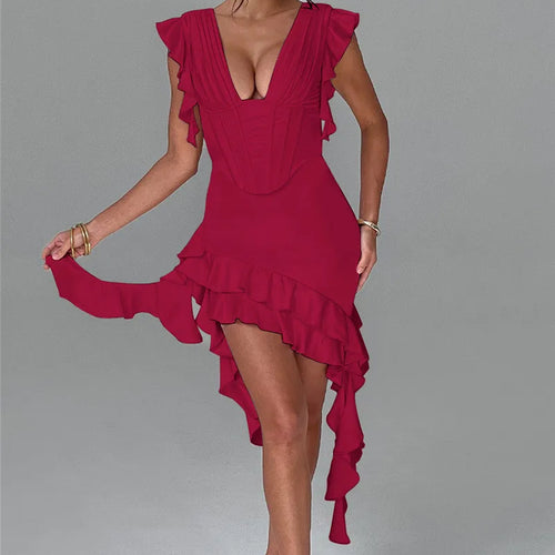 Load image into Gallery viewer, Deep V Neck Backless Draped Ruffle Mini Dress For Women Fashion Sleeveless Bodycon Club Party Sexy Dress Elegant
