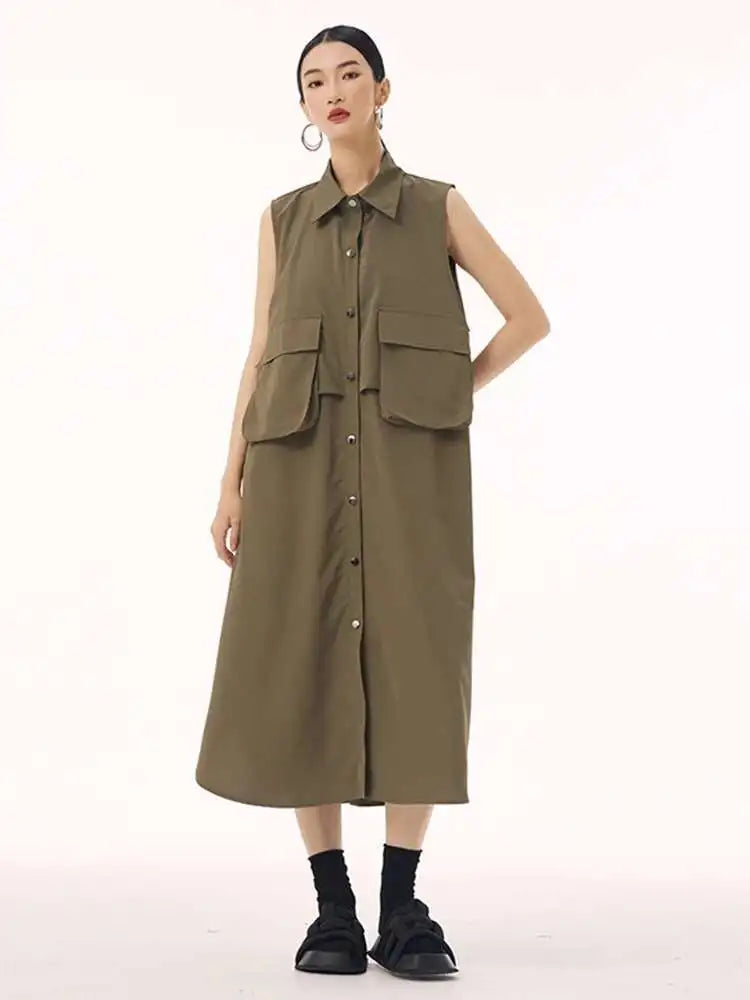 Women Black Shaped Pockets Big Size Midi Shirt Vest Dress New Lapel Sleeveless Fashion Tide Spring Autumn 2025 1DH9471