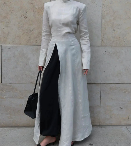 Solid Slimming Side Split Dresses for Women High Neck Long Sleeves Tunic Minimalist Chic Dress Female Clothing New