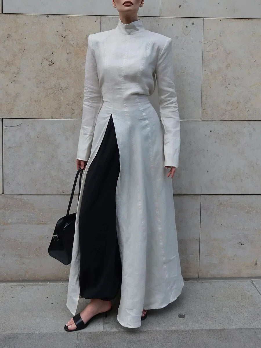 Solid Slimming Side Split Dresses for Women High Neck Long Sleeves Tunic Minimalist Chic Dress Female Clothing New