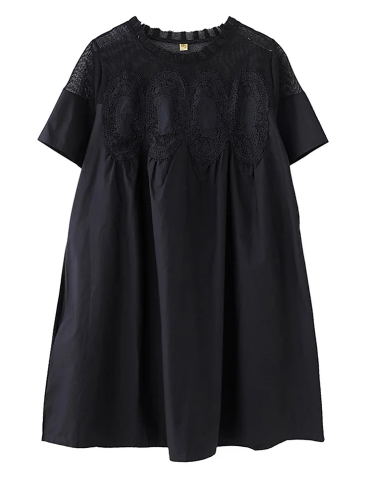 Women Black Lace Meh Perspective Big Size Mini Dress New Round Neck Short Sleeve Fashion Tide Spring Summer 2025 1DJ0336