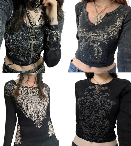 Rhinestone Crop Tops Graphic Print Y2K Grunge Clothes Aesthetic Fairycore Retro Tee Vintage Harajuku Cute Tshirts