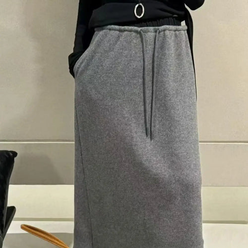 Load image into Gallery viewer, Korean Style Woman Black Elegant High Waisted Straight Woolen Skirts Autumn Winter Casual Simple Grey Drawstring Lace-up Skirt
