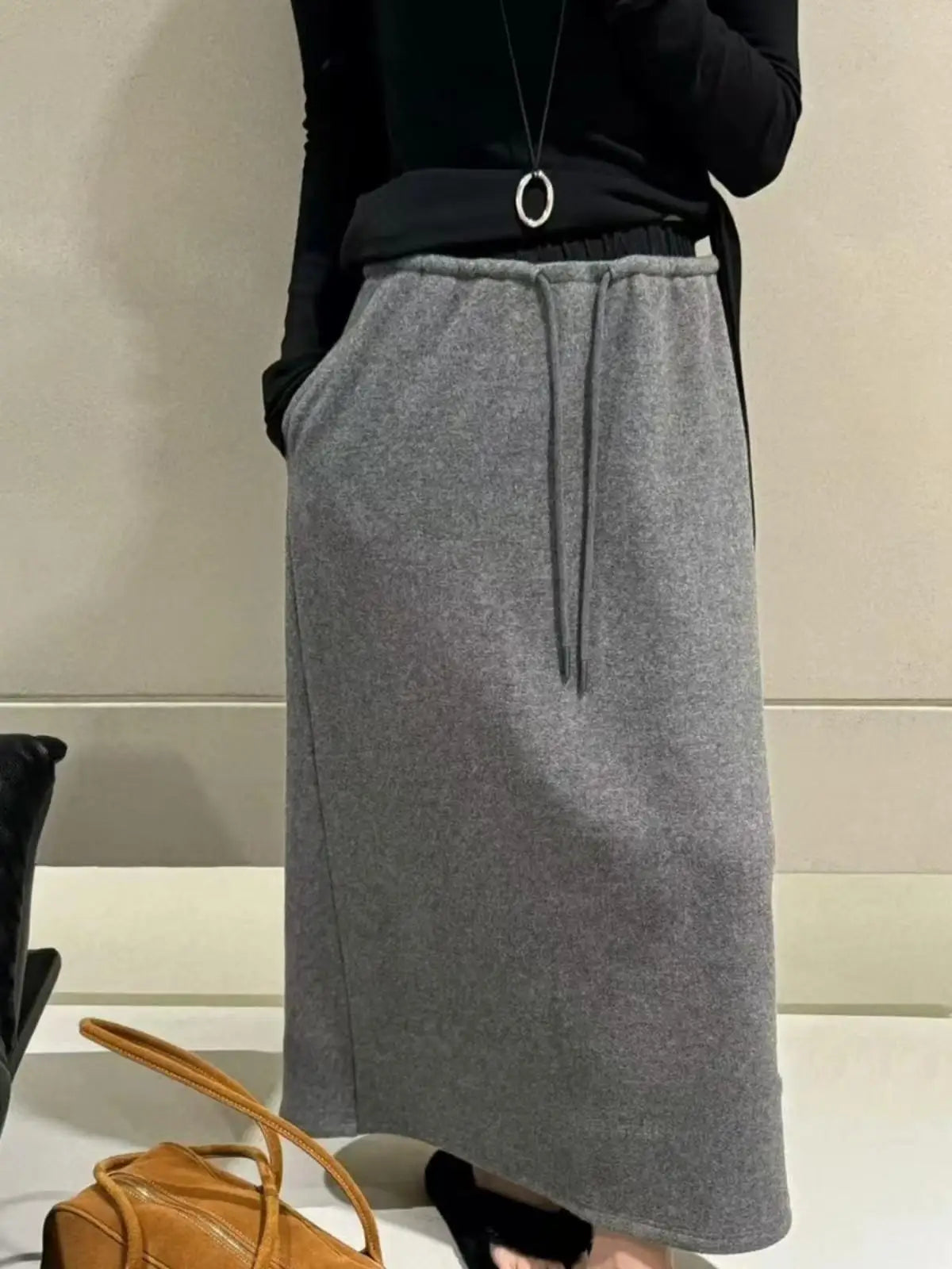 Korean Style Woman Black Elegant High Waisted Straight Woolen Skirts Autumn Winter Casual Simple Grey Drawstring Lace-up Skirt