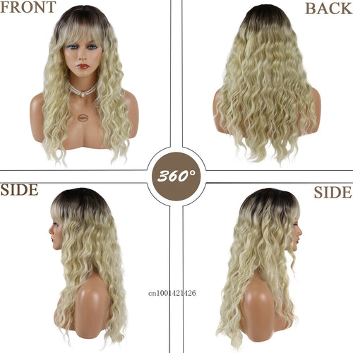 Load image into Gallery viewer, Long Curly Wigs with Bangs Synthetic Hair Natural Wigs for White Women Golden Blonde Wig Dark Roots Ombre Color Hair Healthy Wig
